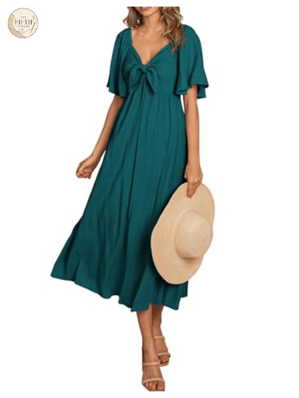 Women's Bow Tie V Neck Midi Dress Short Sleeve A-Line Smocked Flowy Summer